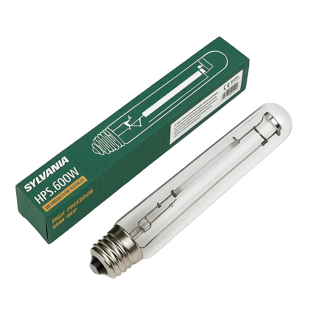Sylvania Growlux 600W HPS grow light bulb with packaging on a white background